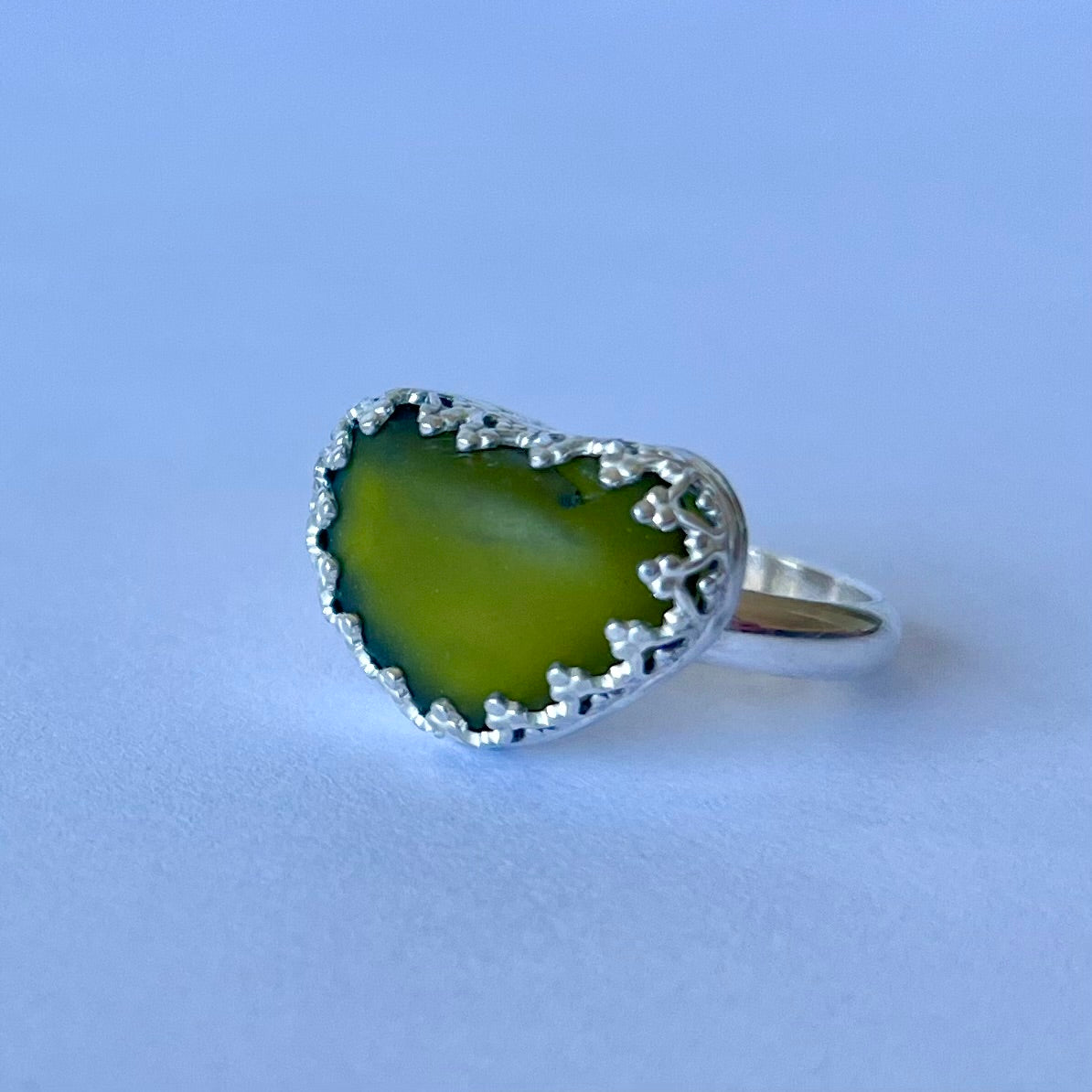 Green Heart Shaped Sea Glass Ring