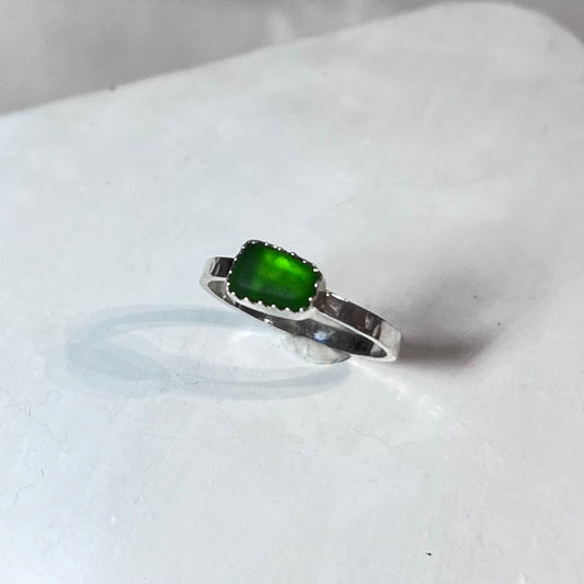 Green Sea Glass Ring With Hammered Band