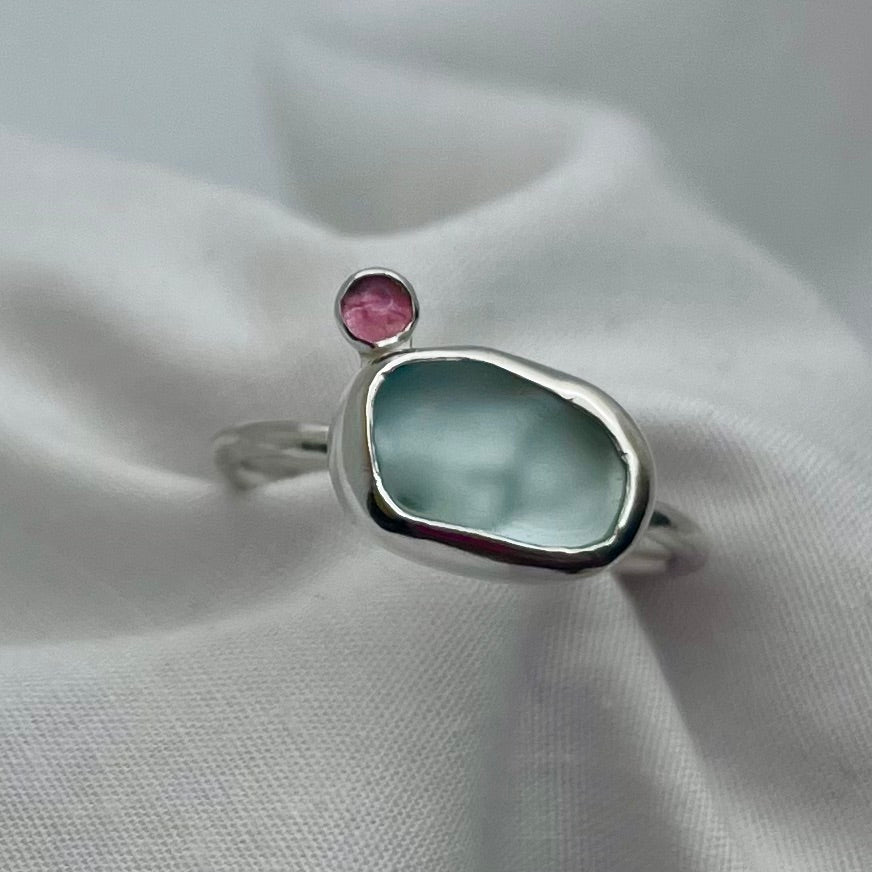 Blue Sea Glass and Tourmaline Ring