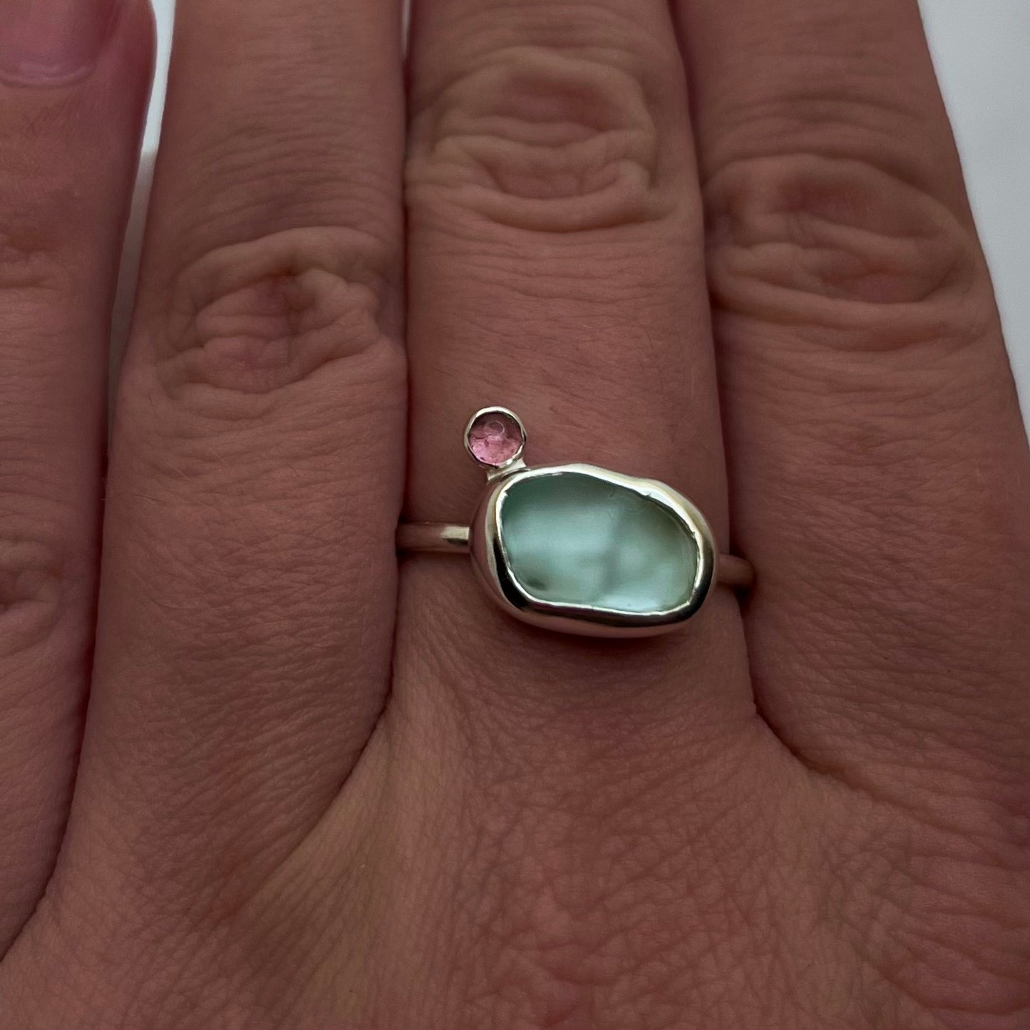 Blue Sea Glass and Tourmaline Ring