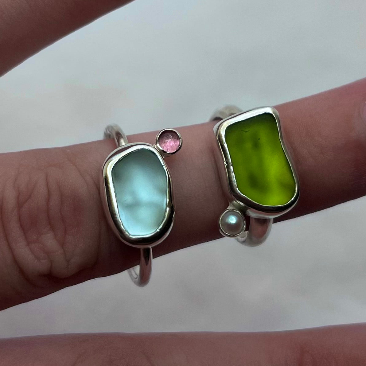Blue Sea Glass and Tourmaline Ring