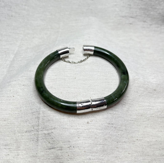 Solid Jade Hinged Bangle, silver