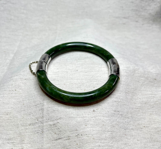 Solid Jade Hinged Bangle, silver