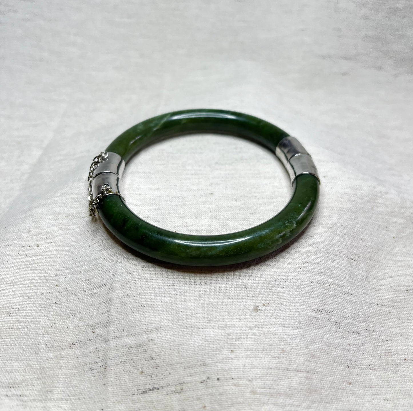 Solid Jade Hinged Bangle, silver