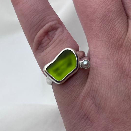 Green Sea Glass Pearl Ring
