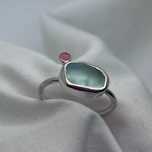 Blue Sea Glass and Tourmaline Ring