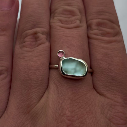 Blue Sea Glass and Tourmaline Ring